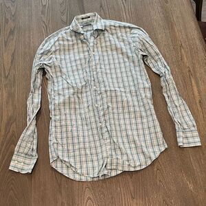 1901 Trim Fit Button Front Dress Shirt Cotton Green White Plaid Size 15 34-35